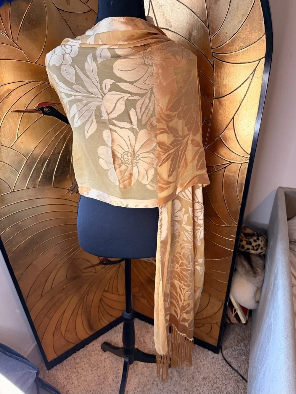 Vintage Silk Floral Fringe Scarf in Champagne Gold